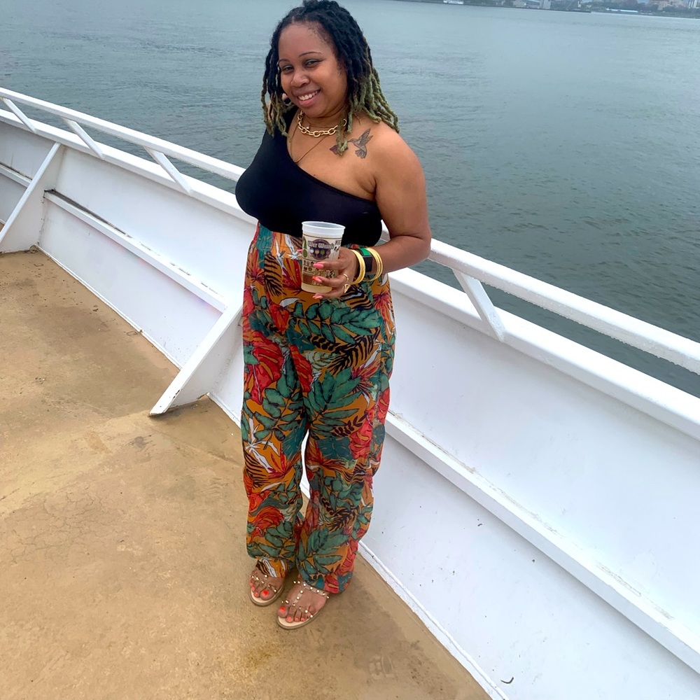 Orange big leaf wide leg beach pants